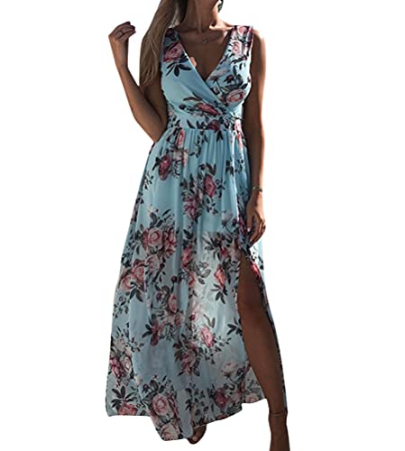 Onsoyours V Ausschnitt Kleid Damen Sommerkleider Böhmisch Kleid Halfter Ärmellos Blumenkleid Strandkleid Lang Kleider MaxiKleid Cocktailkleid G Blau M von Onsoyours