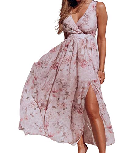 Onsoyours V Ausschnitt Kleid Damen Sommerkleider Böhmisch Kleid Halfter Ärmellos Blumenkleid Strandkleid Lang Kleider MaxiKleid Cocktailkleid G Rosa L von Onsoyours