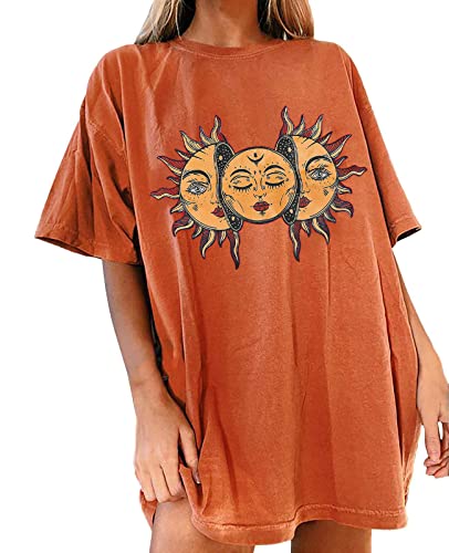 Onsoyours Vintage Oberteile Damen Oversized Tshirt Lustig Streetwear Sonne Mond Motiv Sportshirt Kurzarm Sport Oberteile Sweatshirt Rundhals Teenager Mädchen Top Lang A Orange A L von Onsoyours