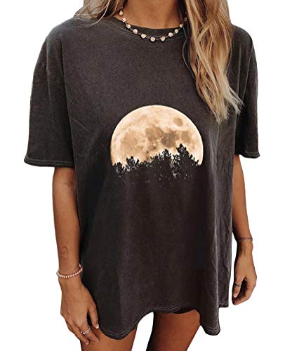 Onsoyours Vintage Oberteile Damen Oversized Tshirt Lustig Streetwear Sonne Mond Motiv Sportshirt Kurzarm Sport Oberteile Sweatshirt Rundhals Teenager Mädchen Top Lang C Dunkelgrau D XL von Onsoyours