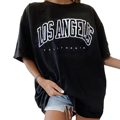 Onsoyours Vintage Oberteile Damen Oversized Tshirt Lustig Streetwear Sonne Mond Motiv Sportshirt Kurzarm Sport Oberteile Sweatshirt Rundhals Teenager Mädchen Top Lang G Schwarz 2XL von Onsoyours