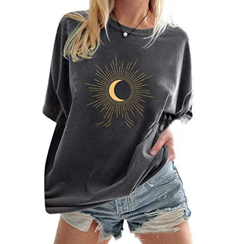 Onsoyours Vintage Oberteile Damen Oversized Tshirt Lustig Streetwear Sonne Mond Motiv Sportshirt Kurzarm Sport Oberteile Sweatshirt Rundhals Teenager Mädchen Top Lang Z6 Grau L von Onsoyours