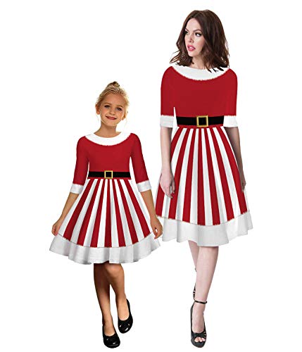 Onsoyours Weihnachten Mutter Tochter Kleid Damen Mädchen Langarm Weihnachtskleid Weihnachtsmann Schneemann Gedruckt A-Linie Festkleid Passend Familie Kleidung Abendkleid E Rot L von Onsoyours