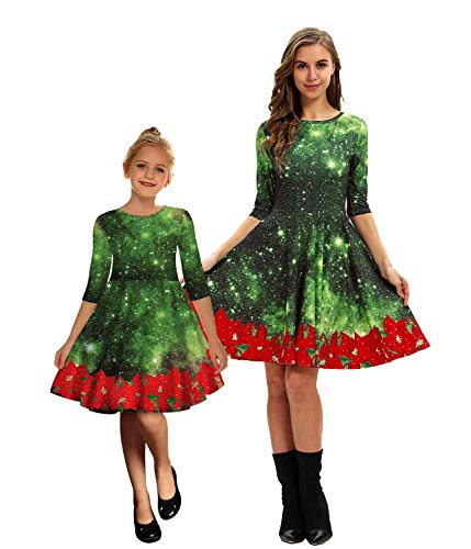 Onsoyours Weihnachten Mutter Tochter Kleid Damen Mädchen Langarm Weihnachtskleid Weihnachtsmann Schneemann Gedruckt A-Linie Festkleid Passend Familie Kleidung Abendkleid G Grün L von Onsoyours