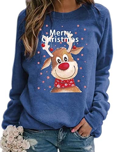 Onsoyours Weihnachten Pullover Damen, Rudolph Rentier Elfe Weihnachtspullover Kapuzenpullover Teenager Mädchen Weihnachtspulli Weihnachtsmann Christmas Sweatshirt Xmas Pulli Shirt A Blau 3XL von Onsoyours