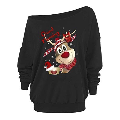 Onsoyours Weihnachten Pullover Damen Schulterfrei Weihnachten Oberteile Weihnachtspulli Rudolph Rentier Elfe Weihnachtspullover Christmas Sweatshirt Xmas Pulli Shirt Schwarz 1 M von Onsoyours