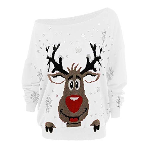 Onsoyours Weihnachten Pullover Damen Schulterfrei Weihnachten Oberteile Weihnachtspulli Rudolph Rentier Elfe Weihnachtspullover Christmas Sweatshirt Xmas Pulli Shirt Weiß 1 L von Onsoyours