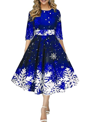 Onsoyours Weihnachtskleid Damen Elegant Langarm Rundhals Vintage Swing Kleid Abendkleid Weihnachtsdruck Schneeflocke Partykleid Christmas Dresses Festlich Festival A Blau 3XL von Onsoyours