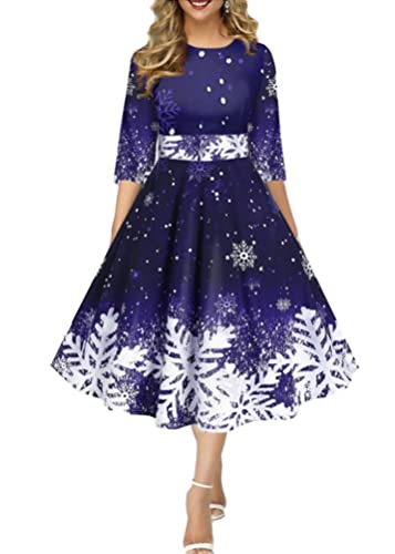 Onsoyours Weihnachtskleid Damen Elegant Langarm Rundhals Vintage Swing Kleid Abendkleid Weihnachtsdruck Schneeflocke Partykleid Christmas Dresses Festlich Festival A Dunkelblau L von Onsoyours