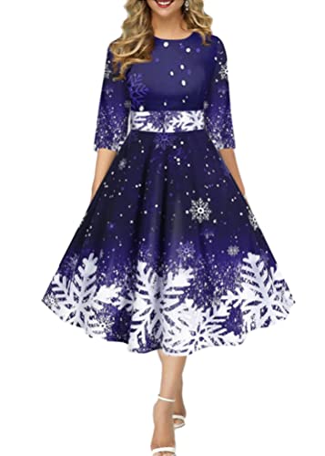 Onsoyours Weihnachtskleid Damen Elegant Langarm Rundhals Vintage Swing Kleid Abendkleid Weihnachtsdruck Schneeflocke Partykleid Christmas Dresses Festlich Festival A Dunkelblau M von Onsoyours