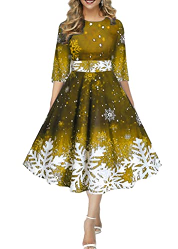 Onsoyours Weihnachtskleid Damen Elegant Langarm Rundhals Vintage Swing Kleid Abendkleid Weihnachtsdruck Schneeflocke Partykleid Christmas Dresses Festlich Festival A Gold L von Onsoyours