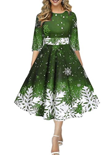 Onsoyours Weihnachtskleid Damen Elegant Langarm Rundhals Vintage Swing Kleid Abendkleid Weihnachtsdruck Schneeflocke Partykleid Christmas Dresses Festlich Festival A Grün M von Onsoyours