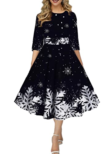 Onsoyours Weihnachtskleid Damen Elegant Langarm Rundhals Vintage Swing Kleid Abendkleid Weihnachtsdruck Schneeflocke Partykleid Christmas Dresses Festlich Festival A Schwarz 3XL von Onsoyours