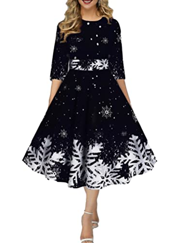 Onsoyours Weihnachtskleid Damen Elegant Langarm Rundhals Vintage Swing Kleid Abendkleid Weihnachtsdruck Schneeflocke Partykleid Christmas Dresses Festlich Festival A Schwarz XS von Onsoyours