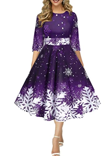 Onsoyours Weihnachtskleid Damen Elegant Langarm Rundhals Vintage Swing Kleid Abendkleid Weihnachtsdruck Schneeflocke Partykleid Christmas Dresses Festlich Festival A Violett L von Onsoyours