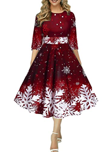 Onsoyours Weihnachtskleid Damen Elegant Langarm Rundhals Vintage Swing Kleid Abendkleid Weihnachtsdruck Schneeflocke Partykleid Christmas Dresses Festlich Festival A Weinrot 3XL von Onsoyours