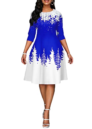 Onsoyours Weihnachtskleid Damen Elegant Langarm Rundhals Vintage Swing Kleid Abendkleid Weihnachtsdruck Schneeflocke Partykleid Christmas Dresses Festlich Festival B Blau XL von Onsoyours