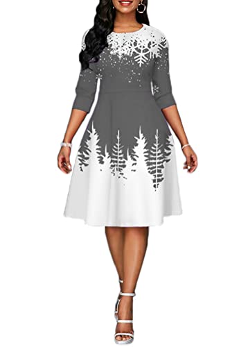 Onsoyours Weihnachtskleid Damen Elegant Langarm Rundhals Vintage Swing Kleid Abendkleid Weihnachtsdruck Schneeflocke Partykleid Christmas Dresses Festlich Festival B Grau L von Onsoyours