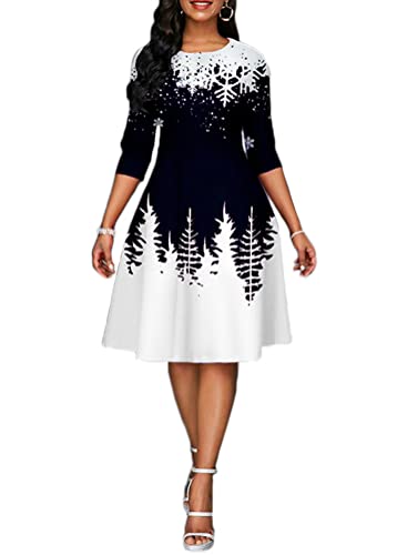 Onsoyours Weihnachtskleid Damen Elegant Langarm Rundhals Vintage Swing Kleid Abendkleid Weihnachtsdruck Schneeflocke Partykleid Christmas Dresses Festlich Festival B Schwarz L von Onsoyours
