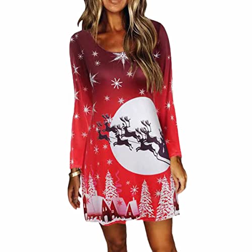Onsoyours Weihnachtskleid Damen mit Ärmel O-Neck A-Line Partykleider Cocktailkleider Weihnachten Mini Kleid G Rot 01 XL von Onsoyours