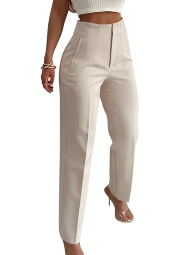 Onsoyours Weite Hosen Damen-Lässig Locker Gerade Beinform Hohe Taille Stoffhose Mode Anzughose Freizeithose Tailliert im Rücken Business Arbeitshose mit Tasche A Beige L von Onsoyours