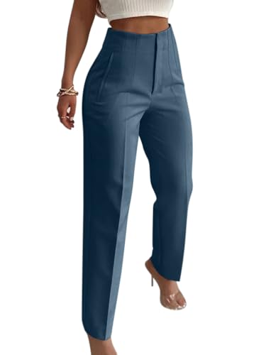Onsoyours Weite Hosen Damen-Lässig Locker Gerade Beinform Hohe Taille Stoffhose Mode Anzughose Freizeithose Tailliert im Rücken Business Arbeitshose mit Tasche A Blau S von Onsoyours