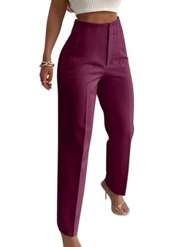 Onsoyours Weite Hosen Damen-Lässig Locker Gerade Beinform Hohe Taille Stoffhose Mode Anzughose Freizeithose Tailliert im Rücken Business Arbeitshose mit Tasche A Dunkelrot XS von Onsoyours