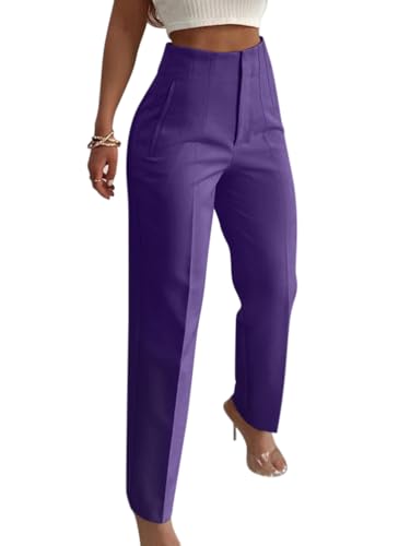 Onsoyours Weite Hosen Damen-Lässig Locker Gerade Beinform Hohe Taille Stoffhose Mode Anzughose Freizeithose Tailliert im Rücken Business Arbeitshose mit Tasche A Dunkelviolett XL von Onsoyours
