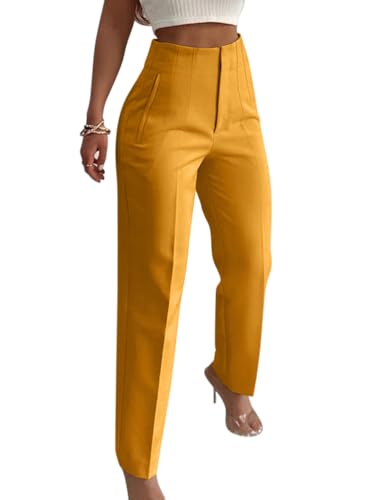 Onsoyours Weite Hosen Damen-Lässig Locker Gerade Beinform Hohe Taille Stoffhose Mode Anzughose Freizeithose Tailliert im Rücken Business Arbeitshose mit Tasche A Gelb XL von Onsoyours