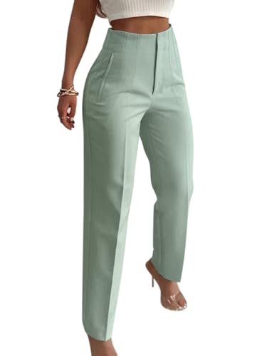 Onsoyours Weite Hosen Damen-Lässig Locker Gerade Beinform Hohe Taille Stoffhose Mode Anzughose Freizeithose Tailliert im Rücken Business Arbeitshose mit Tasche A Hellgrün M von Onsoyours