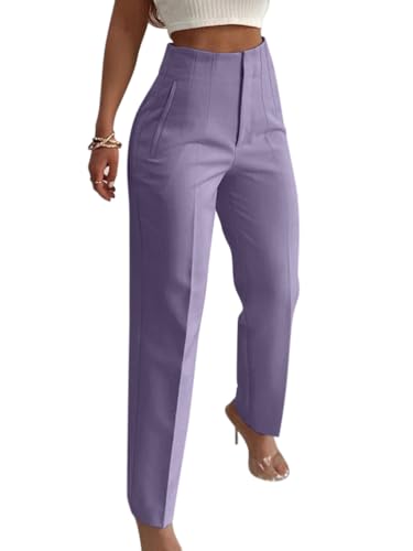 Onsoyours Weite Hosen Damen-Lässig Locker Gerade Beinform Hohe Taille Stoffhose Mode Anzughose Freizeithose Tailliert im Rücken Business Arbeitshose mit Tasche A Violett XL von Onsoyours