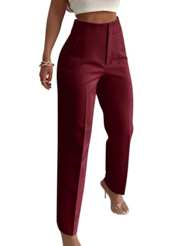 Onsoyours Weite Hosen Damen-Lässig Locker Gerade Beinform Hohe Taille Stoffhose Mode Anzughose Freizeithose Tailliert im Rücken Business Arbeitshose mit Tasche A Weinrot XL von Onsoyours