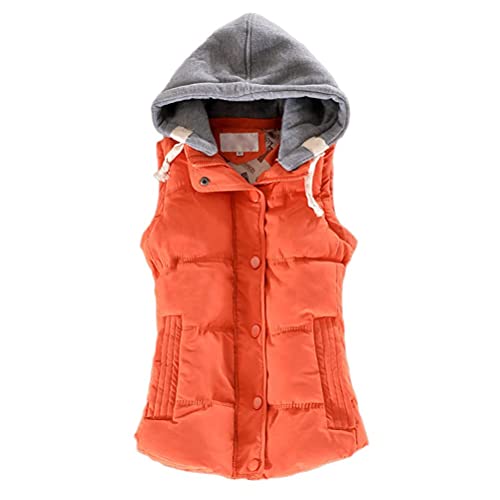 Onsoyours Weste Damen Bequem Warm Sportweste Mit Kapuze Einfarbige Übergangsjacke Steppweste Mode Reißverschluss Ärmellos Mantel Winterjacke Outdoor A Orange L von Onsoyours