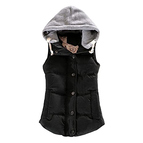 Onsoyours Weste Damen Winter Steppweste mit Kapuze Abnehmbar Daunenweste Einfarbige Outfit Waistcoat Solid Winter Warm Weste Übergangsweste Ärmellos Daunenweste Winterjacke A Schwarz S von Onsoyours