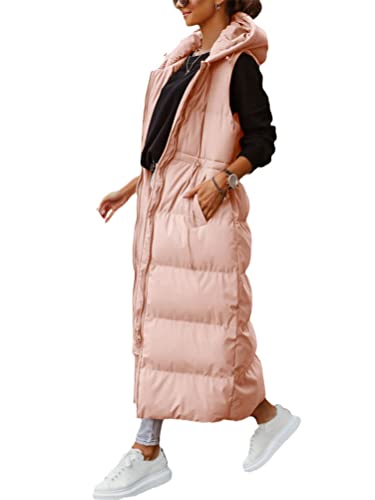 Onsoyours Weste Länge Daunenweste Damen Mantel mit Kapuze Steppweste Wintermantel Länge Steppjacke A Rosa XXL von Onsoyours