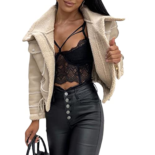 Onsoyours Winterjacke Damen Kunstlederjacke Wildlederimitat Jacke Mantel Herbst Winter Revers Plüschjacke Reißverschluss Kurz Bikerjacke Parka Outwear A Beige M von Onsoyours