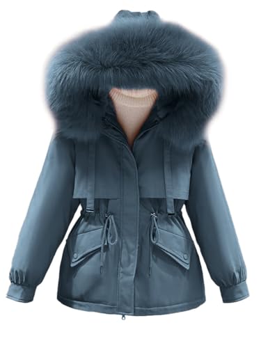 Onsoyours Winterjacke Damen Warm Wintermantel Kurz mit Fellkapuze Frauen Warm Fleece Gefütterter Parka Outdoorjacke Steppjacke Steppmantel A Blau M von Onsoyours