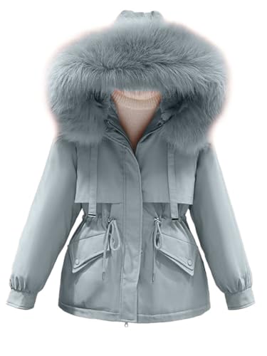 Onsoyours Winterjacke Damen Warm Wintermantel Kurz mit Fellkapuze Frauen Warm Fleece Gefütterter Parka Outdoorjacke Steppjacke Steppmantel A Hellblau L von Onsoyours