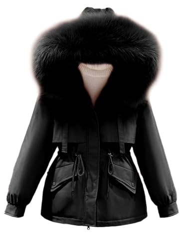 Onsoyours Winterjacke Damen Warm Wintermantel Kurz mit Fellkapuze Frauen Warm Fleece Gefütterter Parka Outdoorjacke Steppjacke Steppmantel A Schwarz 3XL von Onsoyours