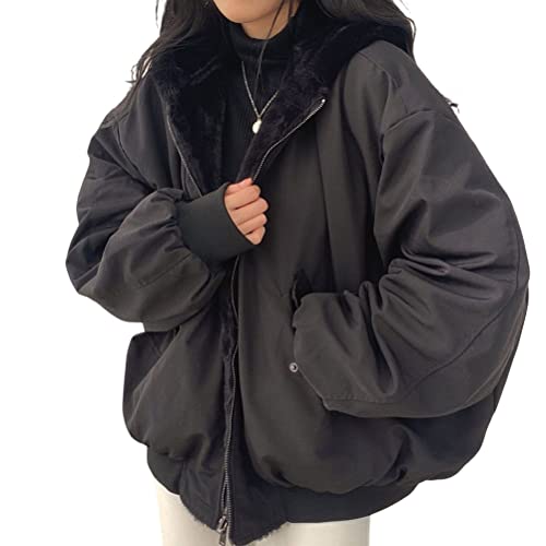 Onsoyours Winterjacke Damen Wintermantel Auf Beiden Seiten Parka mit Fell Kapuze Fleece Warm Gefütterter Doppelseitige Winter Jacke Mantel Outdoorjacke A Schwarz S von Onsoyours