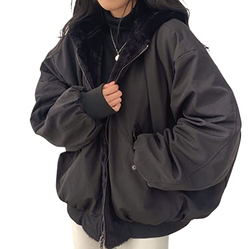 Onsoyours Winterjacke Damen Wintermantel Auf Beiden Seiten Parka mit Fell Kapuze Warm Fleece Gefütterter Doppelseitige Winter Jacke Mantel Outdoor Jacke A Schwarz XXL von Onsoyours