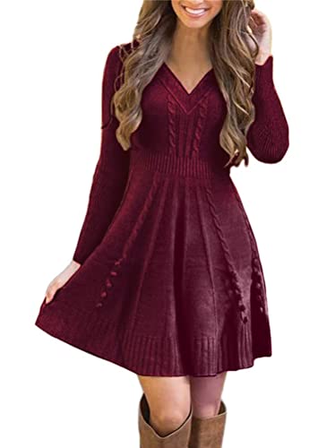 Onsoyours Winterkleid Damen Langarm Festlich Kleid Winter Damen Elegant Abendkleid Knielang Weihnachtskleid V Ausschnitt Partykleid Samtkleid C Weinrot L von Onsoyours