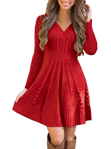 Onsoyours Winterkleider Damen Pulloverkleid Strickkleid Lang Pullover Kleid Winter Cocktailkleider Schöne Kleider Pulli Sweatshirt C Rot XS von Onsoyours