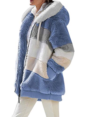 Onsoyours Wintermantel Damen Mode Kontrastierender Lammwoll Gepolsterter Mantel Karierte Jacke Frauen Warme Langarm Reißverschluss Taschen Kapuzenjacke Loose Hooded Coat Outwear (XL, A Blau) von Onsoyours
