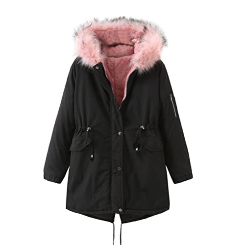 Onsoyours Wintermantel Damen Warm Gefüttert Winter Parka Jacke Mittellang Winterjacke mit Fellkapuze Dicke Coat Fell Kragen A Schwarz Rosa XXL von Onsoyours