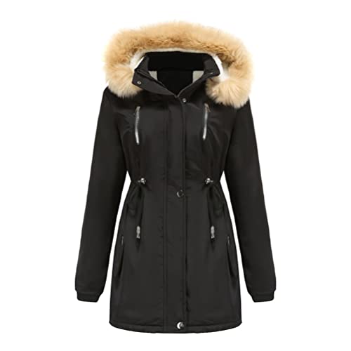 Onsoyours Wintermantel Damen Warm Gefüttert Winter Parka Jacke Mittellang Winterjacke mit Fellkapuze Frauen Outdoorjacke Mantel mit Taschen A Schwarz M von Onsoyours