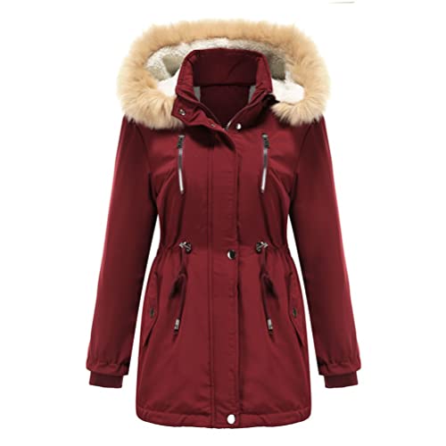 Onsoyours Wintermantel Damen Warm Gefüttert Winter Parka Jacke Mittellang Winterjacke mit Fellkapuze Frauen Outdoorjacke Mantel mit Taschen A Weinrot XXL von Onsoyours