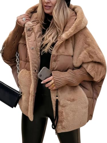 Onsoyours Wintermantel Damen Warm Gefüttert Winter Parka Kuschelige Teddyfleece Kapuzenjacke Winterjacke Winterparka mit Fellkapuze Dicke Coat Puffer Jacken A Khaki M von Onsoyours