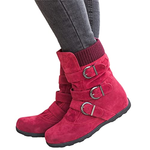 Onsoyours Winterstiefel Damen Warm Gefüttert Kurzschaft Schneestiefel Winter Rutschfeste Stiefel Flach Boots Stiefeletten Reißverschluss Schneeschuhe Rot 37 EU von Onsoyours