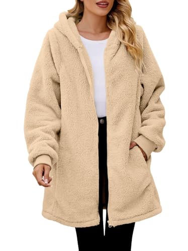 Onsoyours Wolljacke Damen Lang Teddyjacke mit Kapuze Teddyfleece Warm Winterjacke Reißverschluss Flauschig Fleecemantel A Aprikose M von Onsoyours